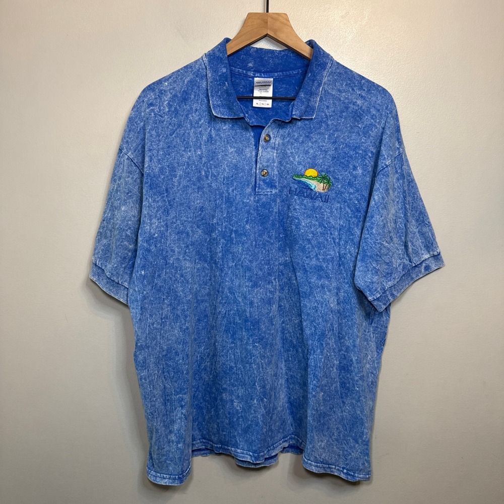 Gildan Ultra Cotton Men's Blue Acid Wash Hawaii Embroidered Polo Shirt Size XL